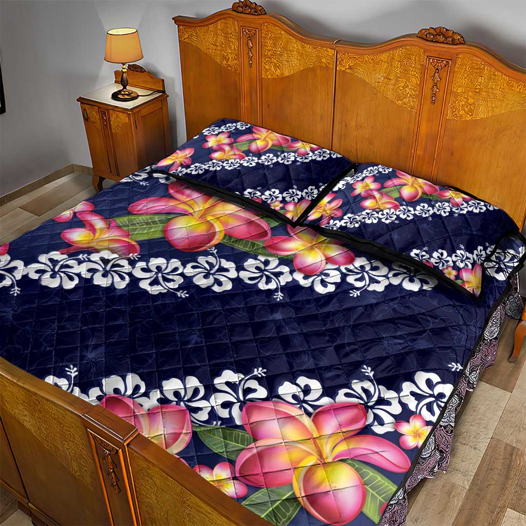 Blue Polynesia Quilt Bed Set Plumeria With Hibiscus Pattern Tropical Vibes