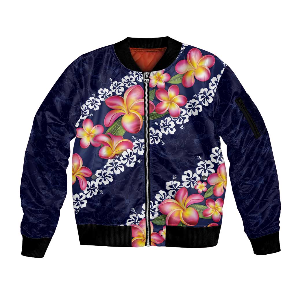 Blue Polynesia Sleeve Zip Bomber Jacket Plumeria With Hibiscus Pattern Tropical Vibes LT14 Unisex Blue - Polynesian Pride