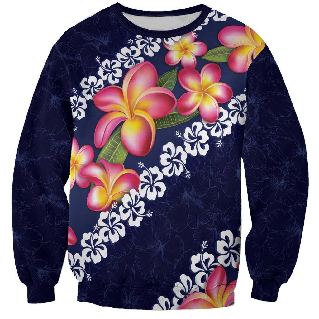 Blue Polynesia Sweatshirt Plumeria With Hibiscus Pattern Tropical Vibes