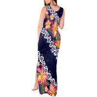Blue Polynesia Tank Maxi Dress Plumeria With Hibiscus Pattern Tropical Vibes