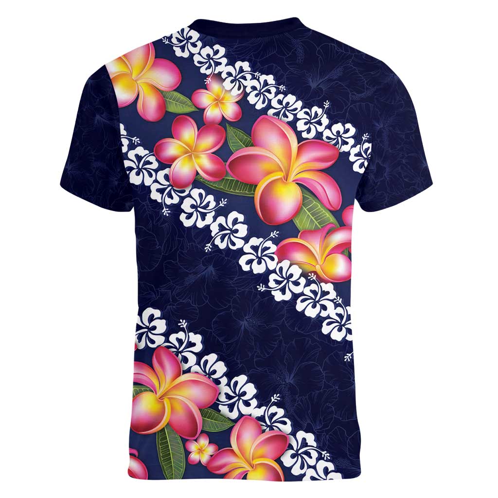 Blue Polynesia Women V-Neck T-Shirt Plumeria With Hibiscus Pattern Tropical Vibes