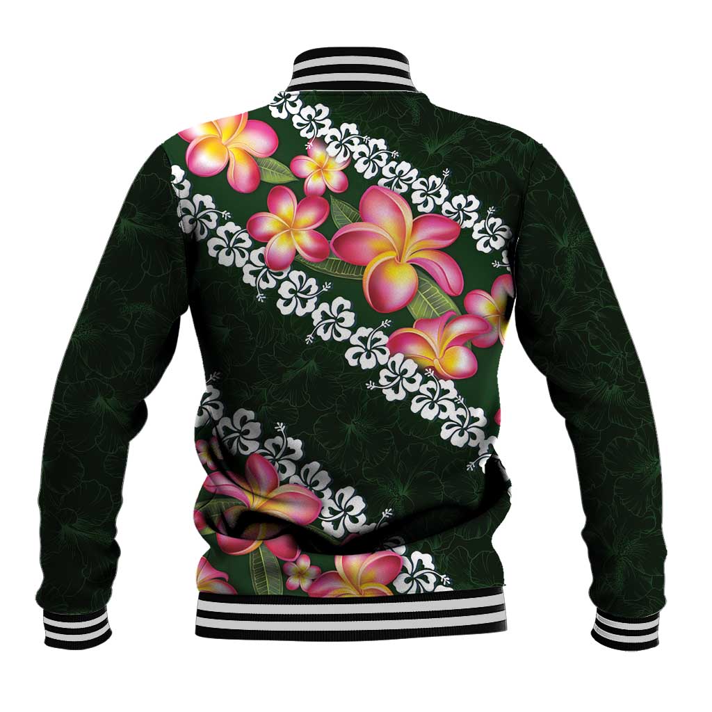 Green Polynesia Baseball Jacket Plumeria With Hibiscus Pattern Tropical Vibes