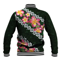 Green Polynesia Baseball Jacket Plumeria With Hibiscus Pattern Tropical Vibes