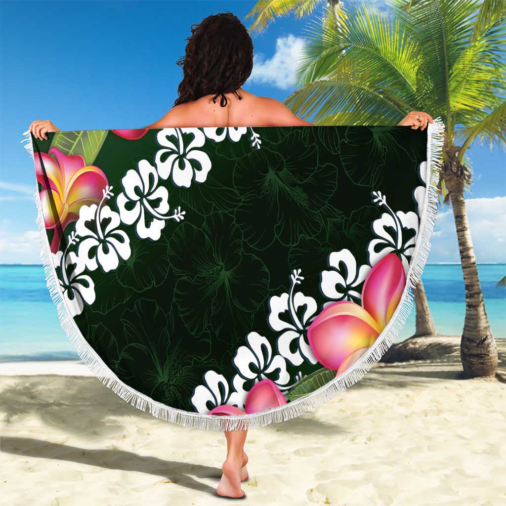 Green Polynesia Beach Blanket Plumeria With Hibiscus Pattern Tropical Vibes