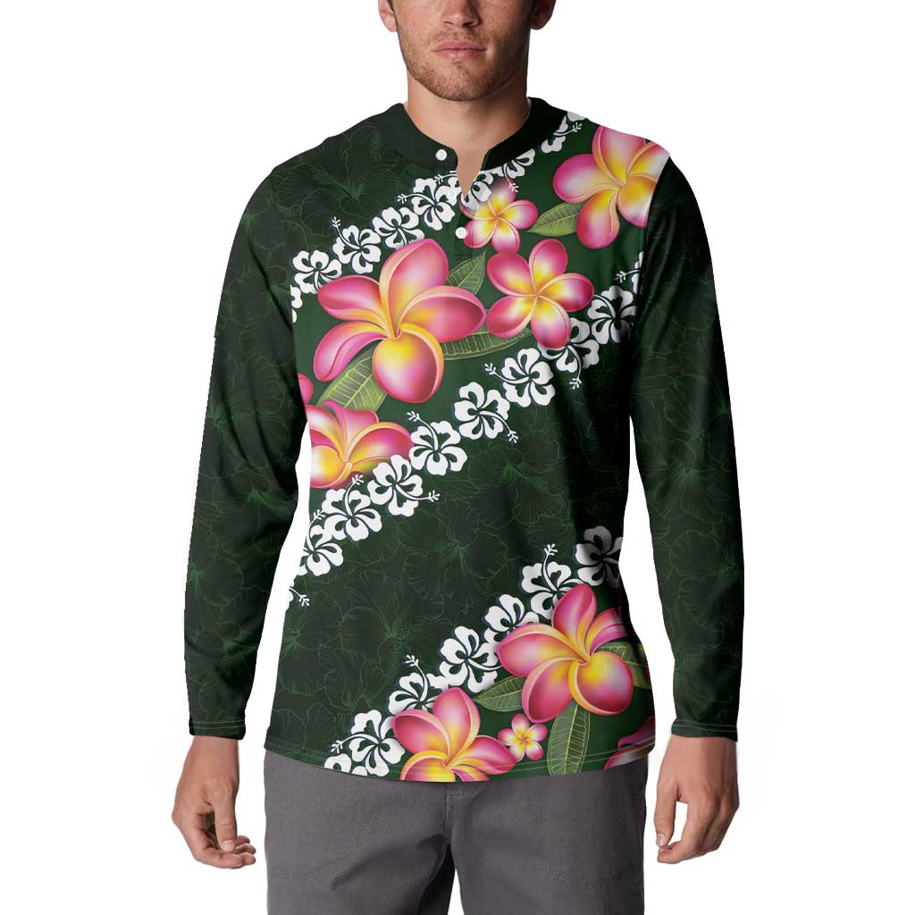Green Polynesia Button Sweatshirt Plumeria With Hibiscus Pattern Tropical Vibes