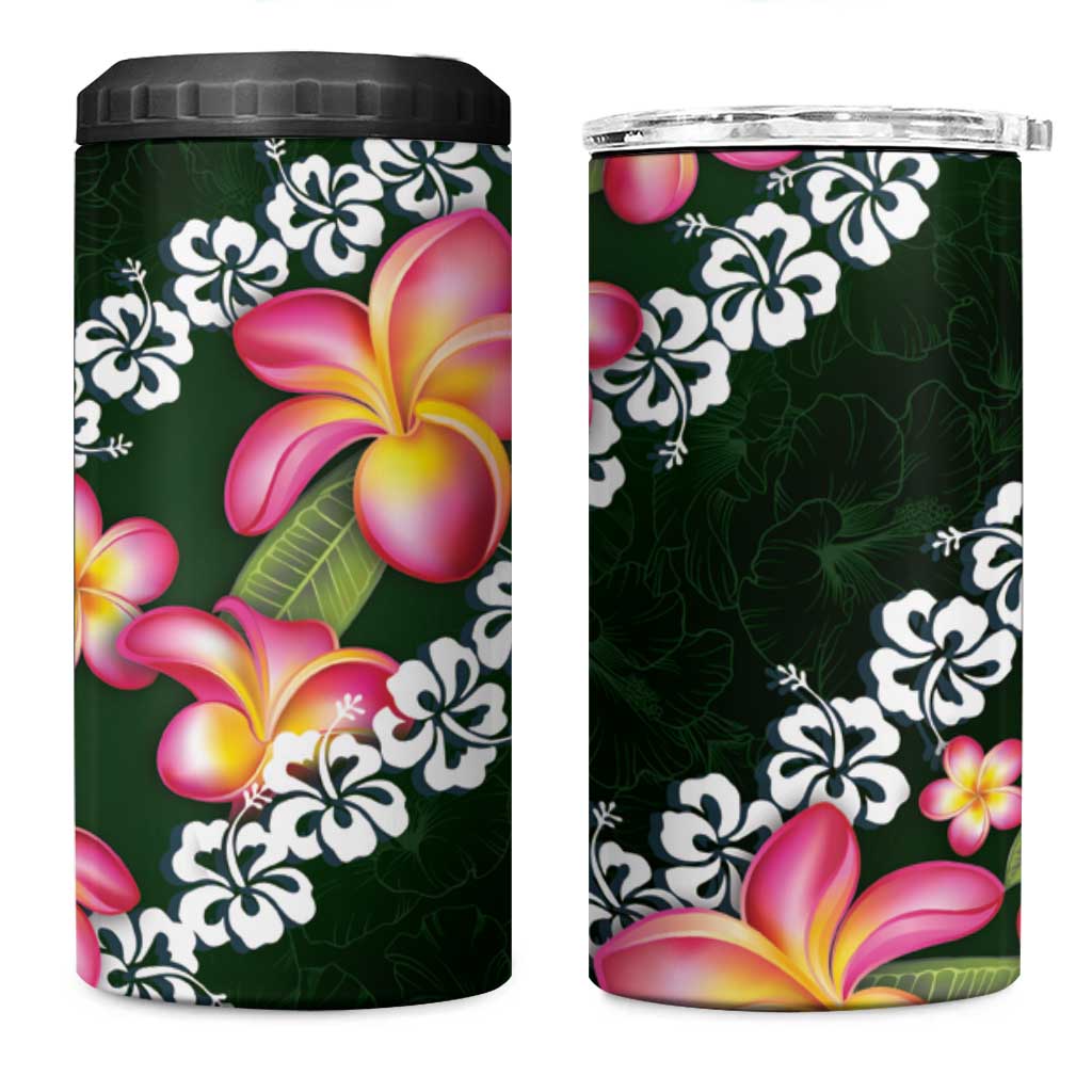 Green Polynesia 4 in 1 Can Cooler Tumbler Plumeria With Hibiscus Pattern Tropical Vibes LT14 One Size: 16 oz Green - Polynesian Pride