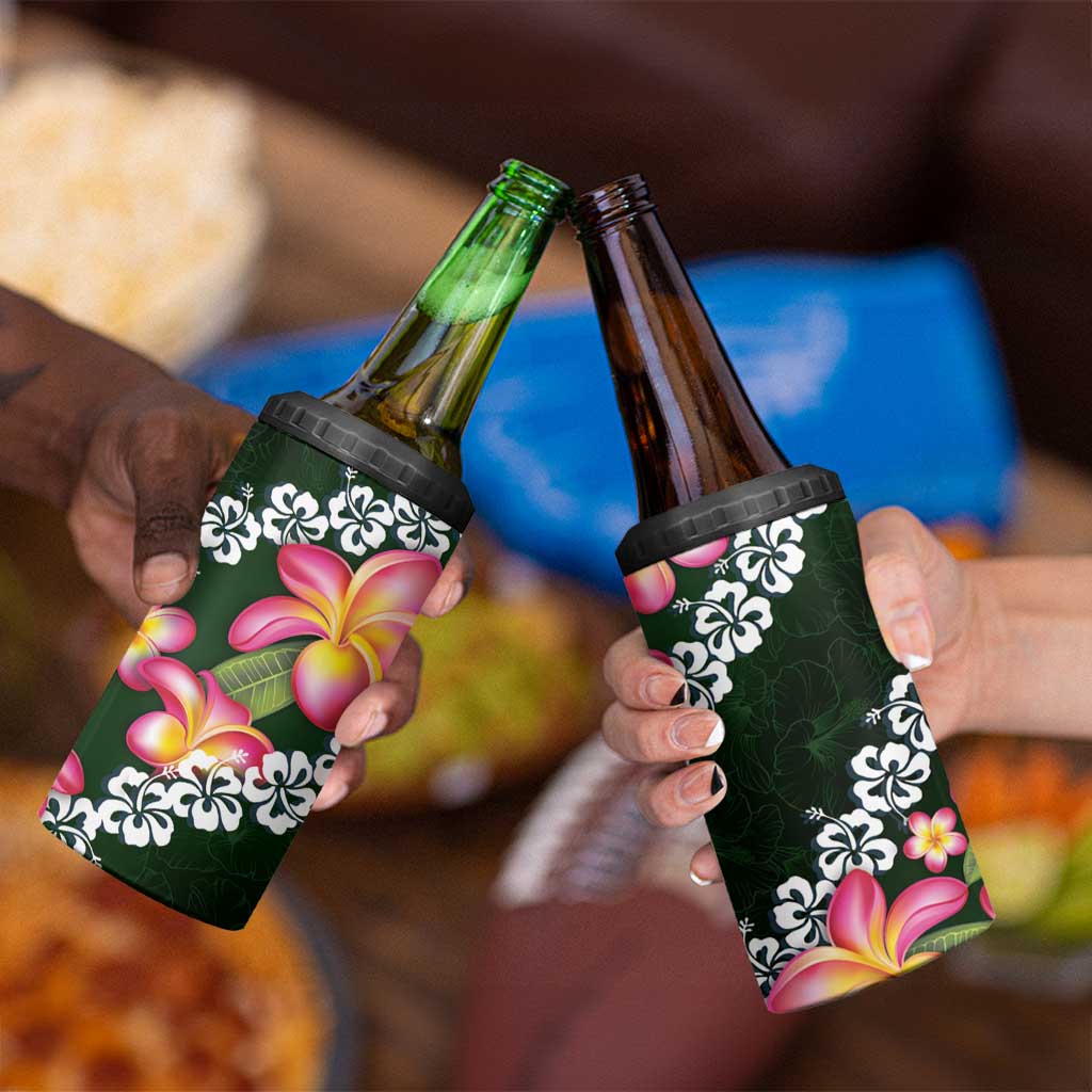 Green Polynesia 4 in 1 Can Cooler Tumbler Plumeria With Hibiscus Pattern Tropical Vibes