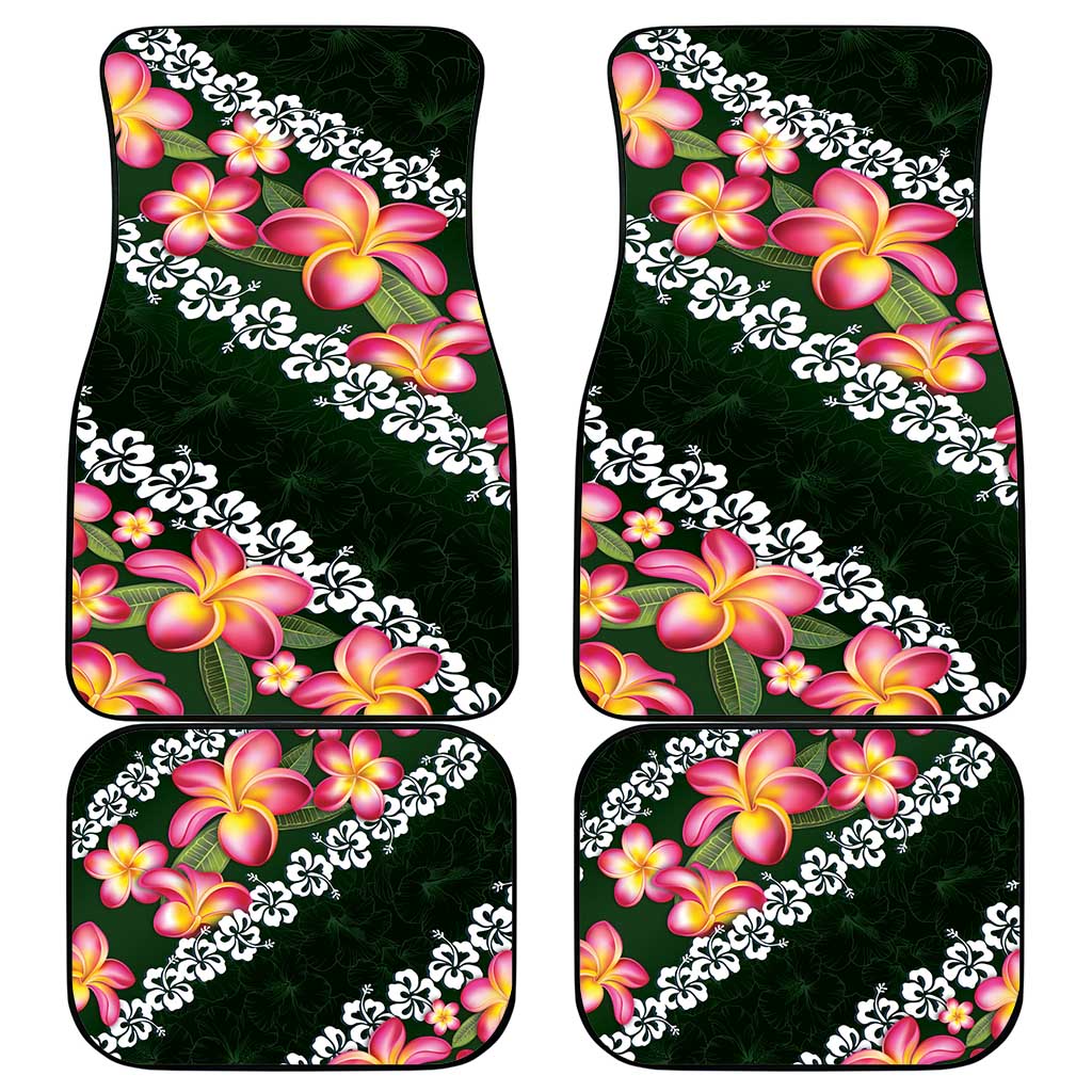 Green Polynesia Car Mats Plumeria With Hibiscus Pattern Tropical Vibes