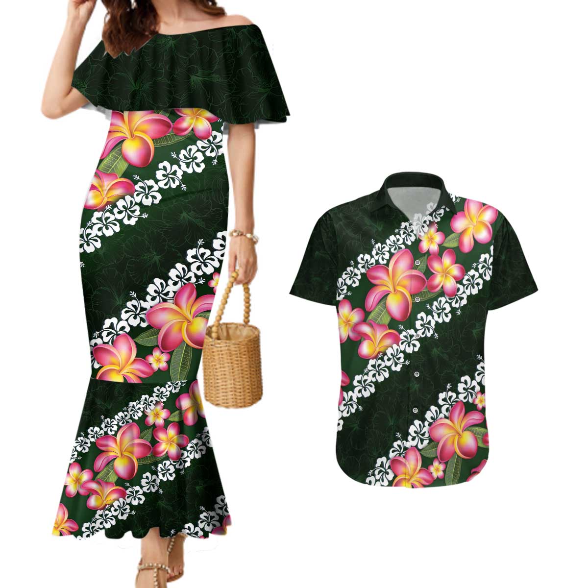 Green Polynesia Couples Matching Mermaid Dress and Hawaiian Shirt Plumeria With Hibiscus Pattern Tropical Vibes LT14 Green - Polynesian Pride