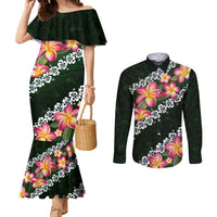 Green Polynesia Couples Matching Mermaid Dress and Long Sleeve Button Shirt Plumeria With Hibiscus Pattern Tropical Vibes LT14 Green - Polynesian Pride
