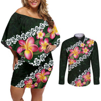 Green Polynesia Couples Matching Off Shoulder Short Dress and Long Sleeve Button Shirt Plumeria With Hibiscus Pattern Tropical Vibes