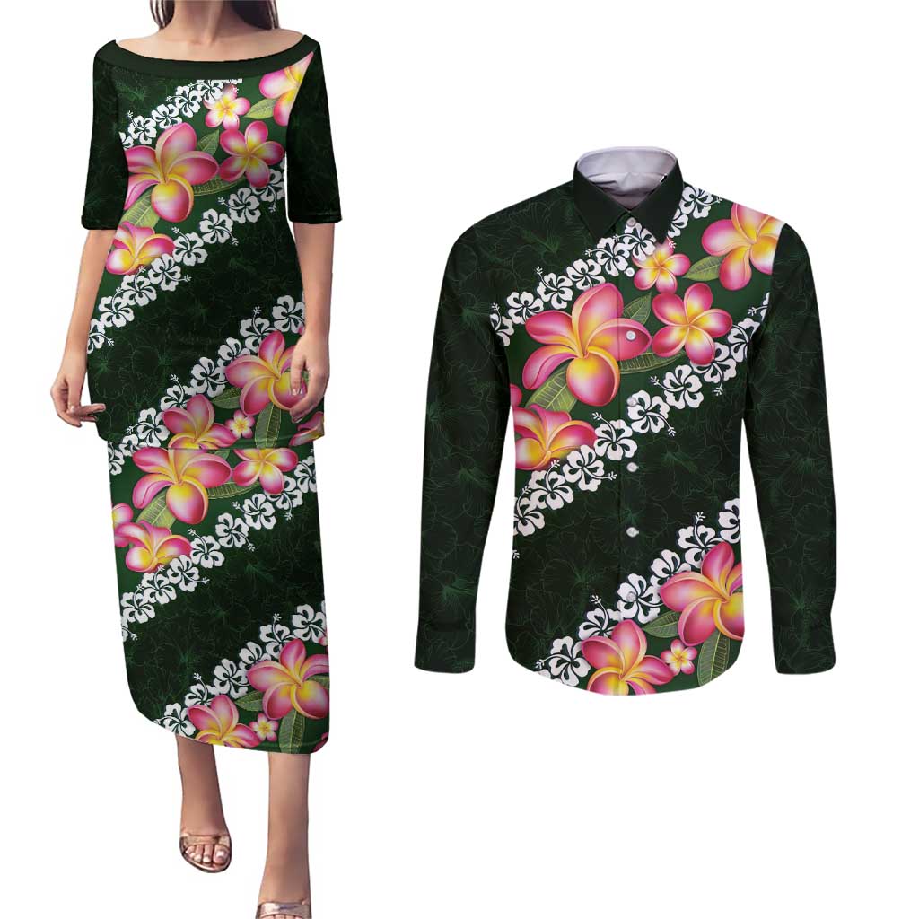 Green Polynesia Couples Matching Puletasi and Long Sleeve Button Shirt Plumeria With Hibiscus Pattern Tropical Vibes LT14 Green - Polynesian Pride