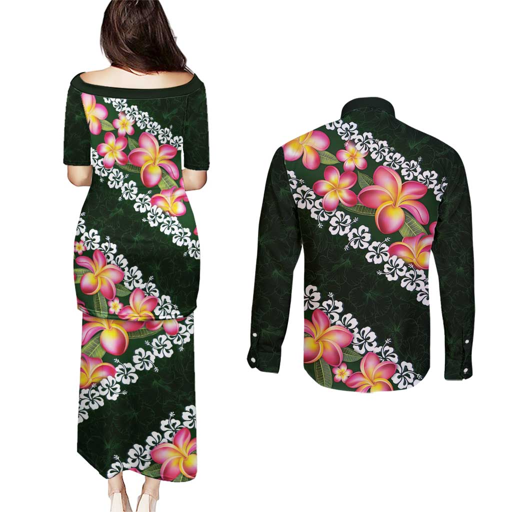 Green Polynesia Couples Matching Puletasi and Long Sleeve Button Shirt Plumeria With Hibiscus Pattern Tropical Vibes