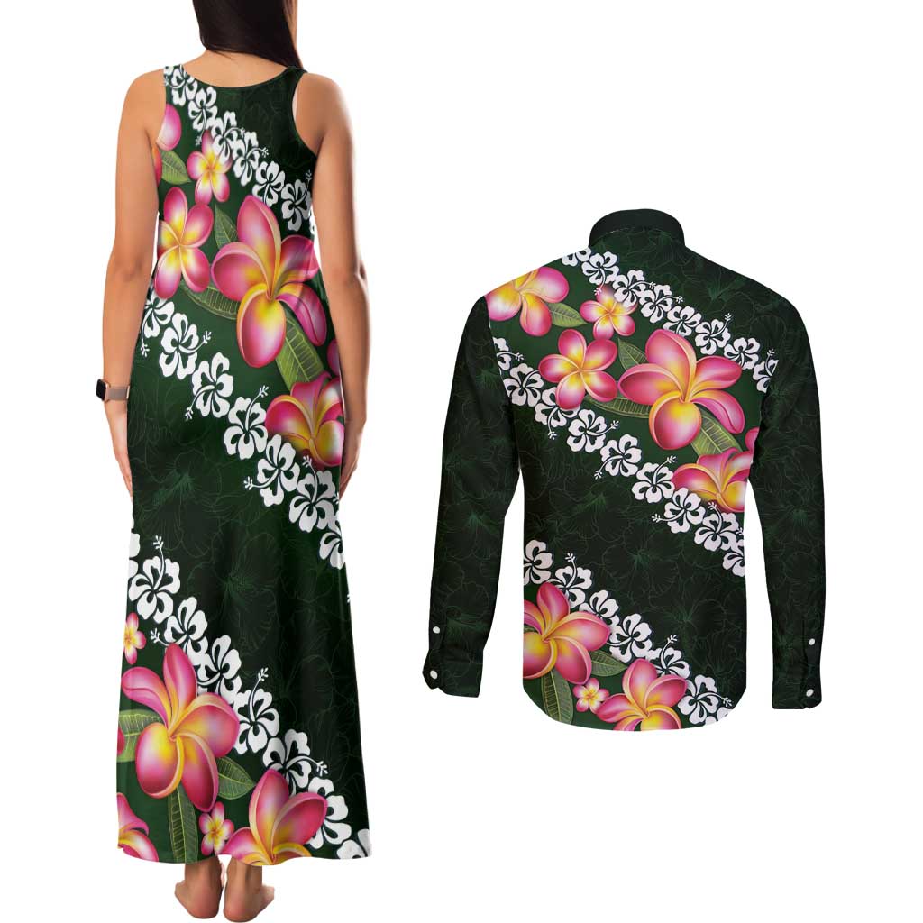 Green Polynesia Couples Matching Tank Maxi Dress and Long Sleeve Button Shirt Plumeria With Hibiscus Pattern Tropical Vibes