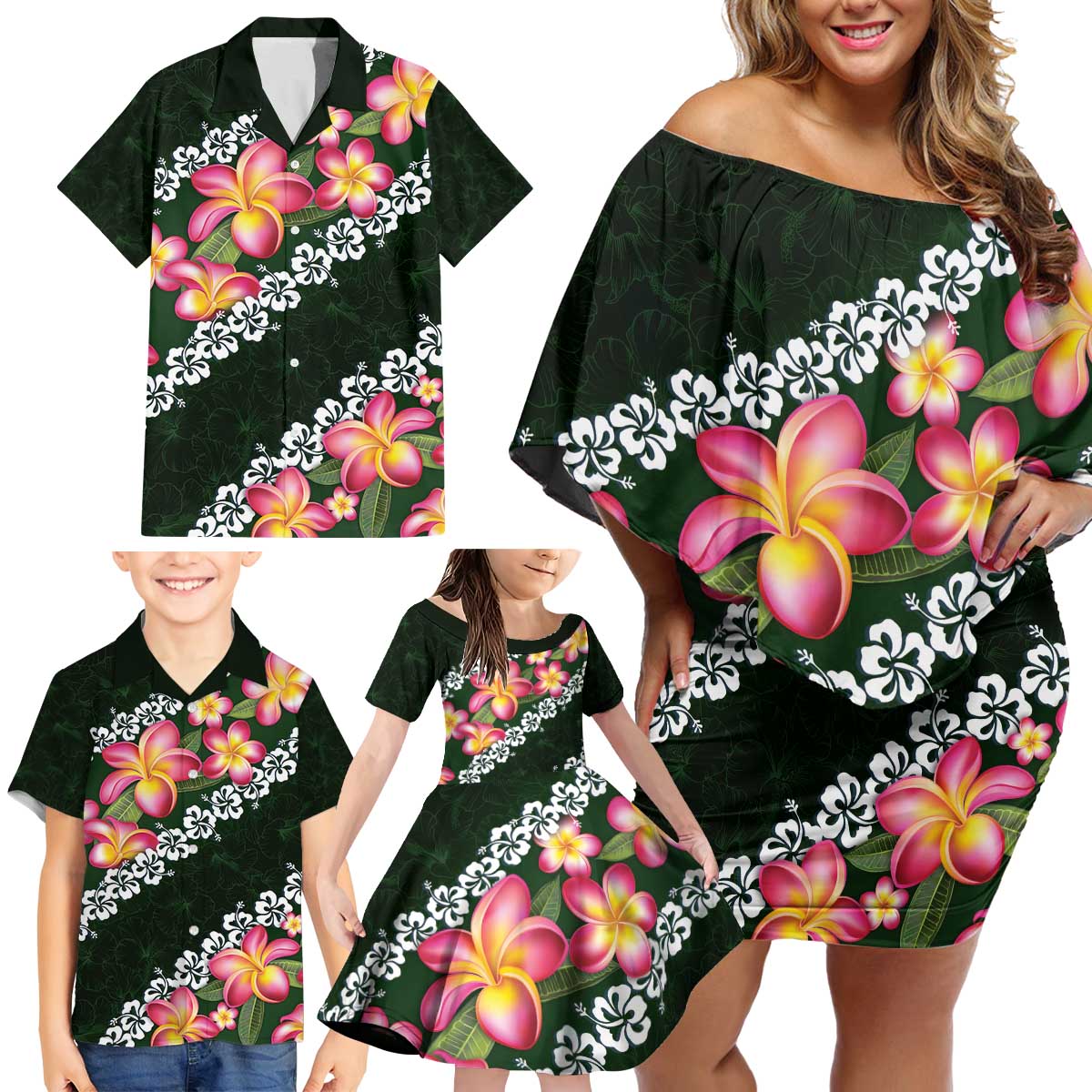 Green Polynesia Family Matching Off Shoulder Short Dress and Hawaiian Shirt Plumeria With Hibiscus Pattern Tropical Vibes