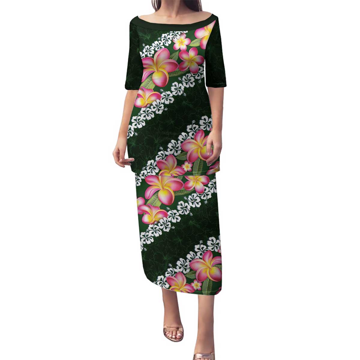 Green Polynesia Family Matching Puletasi and Hawaiian Shirt Plumeria With Hibiscus Pattern Tropical Vibes