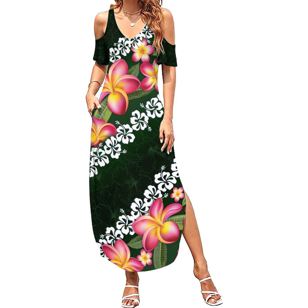 Green Polynesia Family Matching Summer Maxi Dress and Hawaiian Shirt Plumeria With Hibiscus Pattern Tropical Vibes