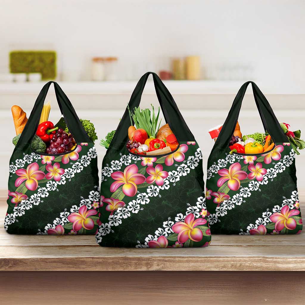 Green Polynesia Grocery Bag Plumeria With Hibiscus Pattern Tropical Vibes