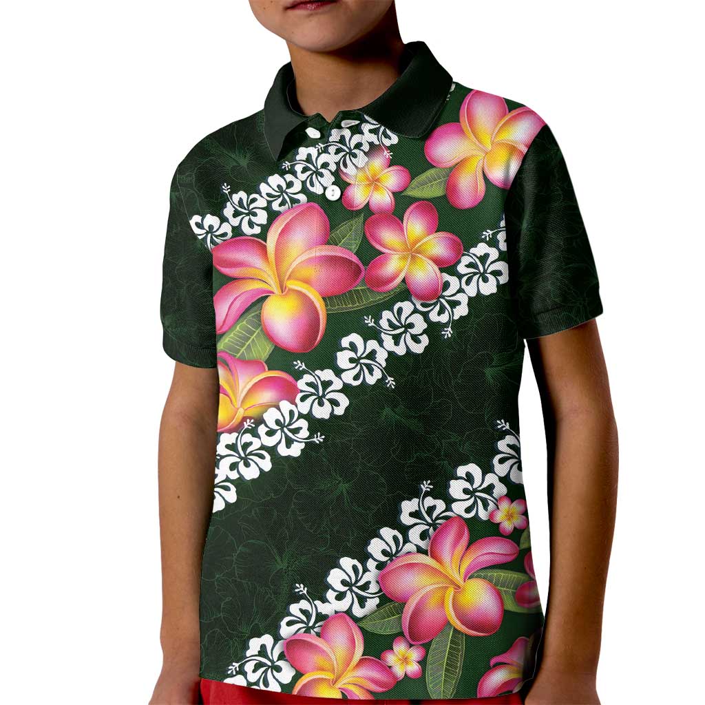 Green Polynesia Kid Polo Shirt Plumeria With Hibiscus Pattern Tropical Vibes