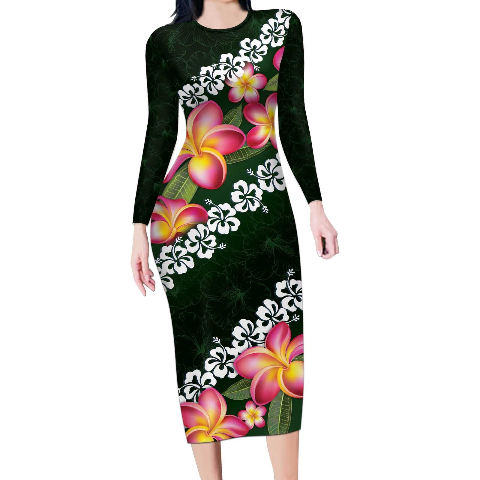 Green Polynesia Long Sleeve Bodycon Dress Plumeria With Hibiscus Pattern Tropical Vibes LT14 Long Dress Green - Polynesian Pride