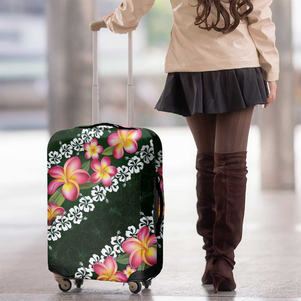 Green Polynesia Luggage Cover Plumeria With Hibiscus Pattern Tropical Vibes