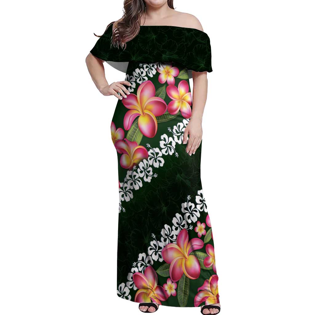 Green Polynesia Off Shoulder Maxi Dress Plumeria With Hibiscus Pattern Tropical Vibes