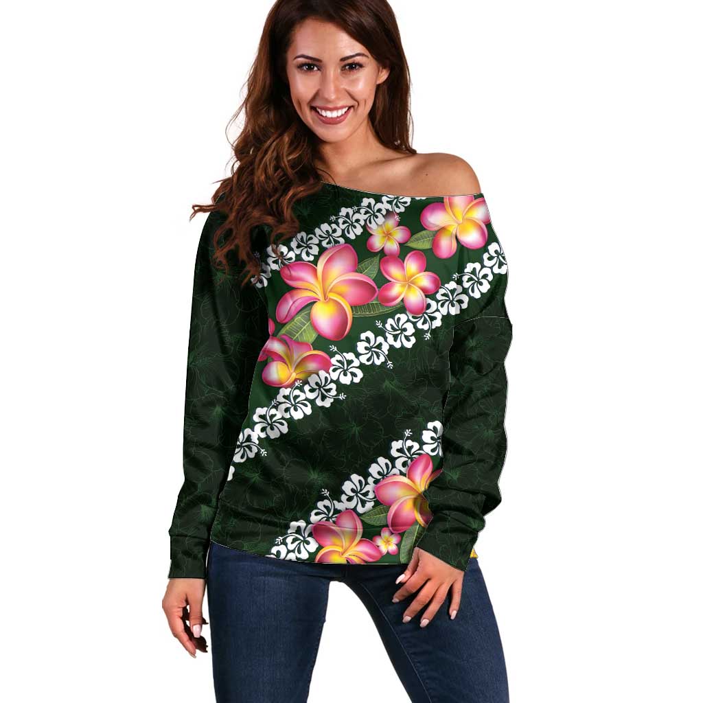 Green Polynesia Off Shoulder Sweater Plumeria With Hibiscus Pattern Tropical Vibes LT14 Women Green - Polynesian Pride