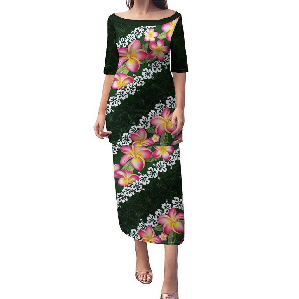 Green Polynesia Puletasi Plumeria With Hibiscus Pattern Tropical Vibes