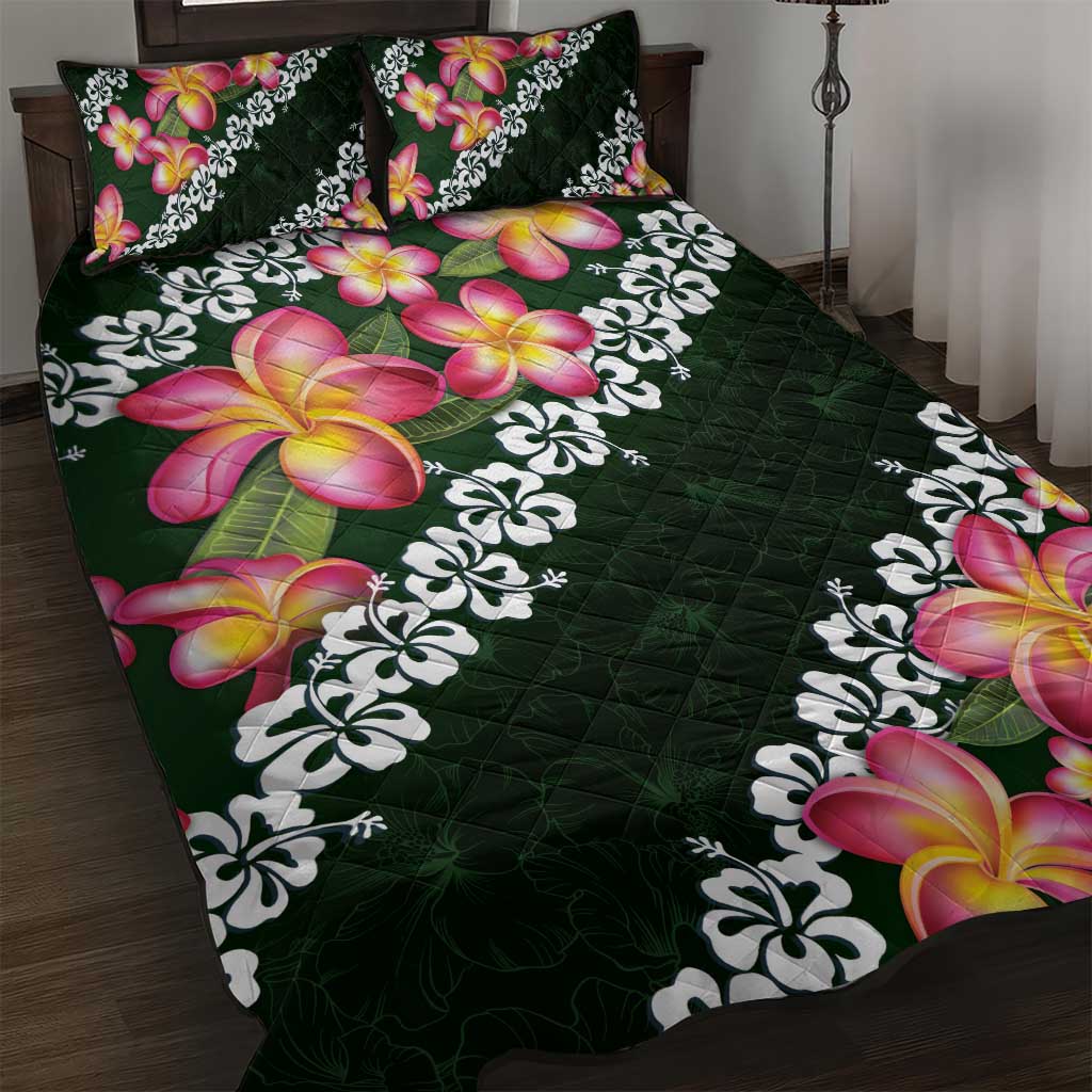 Green Polynesia Quilt Bed Set Plumeria With Hibiscus Pattern Tropical Vibes LT14 Green - Polynesian Pride
