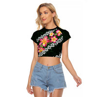 Green Polynesia Raglan Cropped T Shirt Plumeria With Hibiscus Pattern Tropical Vibes