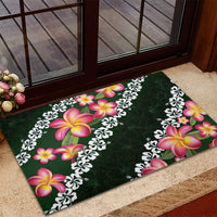 Green Polynesia Rubber Doormat Plumeria With Hibiscus Pattern Tropical Vibes