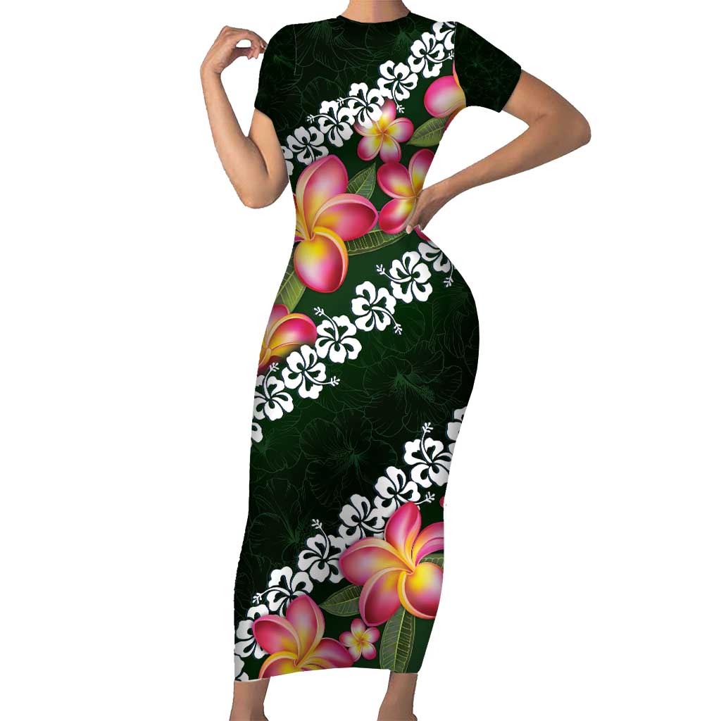 Green Polynesia Short Sleeve Bodycon Dress Plumeria With Hibiscus Pattern Tropical Vibes LT14 Long Dress Green - Polynesian Pride