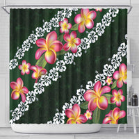Green Polynesia Shower Curtain Plumeria With Hibiscus Pattern Tropical Vibes