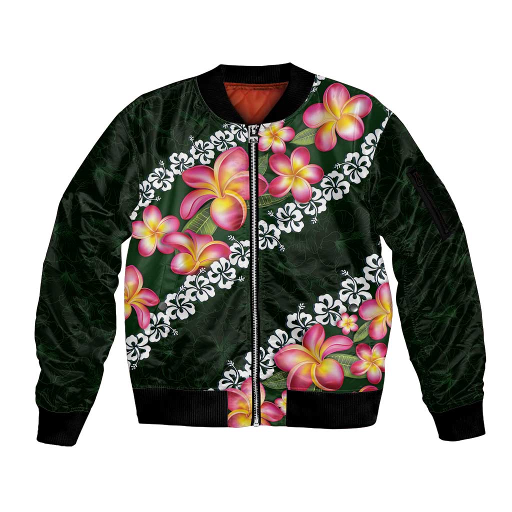 Green Polynesia Sleeve Zip Bomber Jacket Plumeria With Hibiscus Pattern Tropical Vibes LT14 Unisex Green - Polynesian Pride
