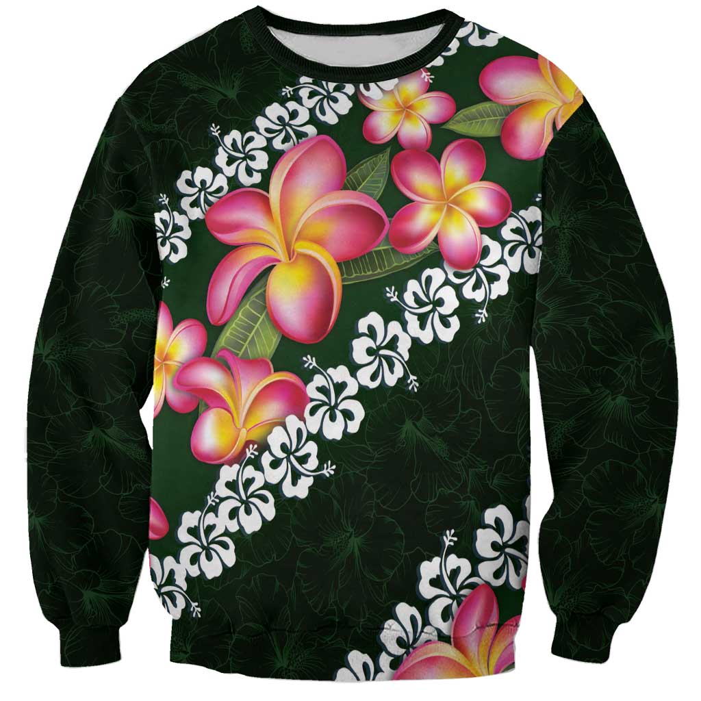 Green Polynesia Sweatshirt Plumeria With Hibiscus Pattern Tropical Vibes
