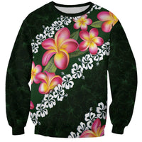 Green Polynesia Sweatshirt Plumeria With Hibiscus Pattern Tropical Vibes