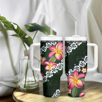 Green Polynesia Tumbler With Handle Plumeria With Hibiscus Pattern Tropical Vibes