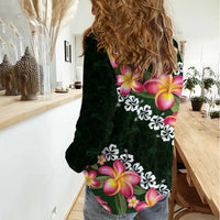 Green Polynesia Women Casual Shirt Plumeria With Hibiscus Pattern Tropical Vibes