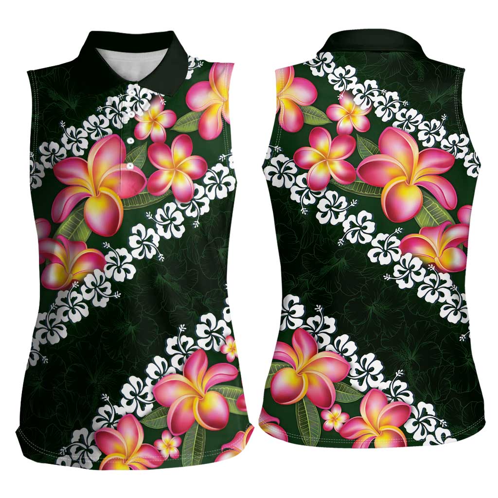 Green Polynesia Women Sleeveless Polo Shirt Plumeria With Hibiscus Pattern Tropical Vibes LT14 - Polynesian Pride
