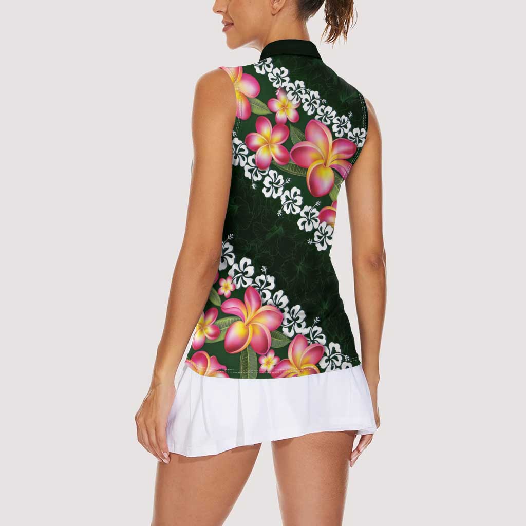 Green Polynesia Women Sleeveless Polo Shirt Plumeria With Hibiscus Pattern Tropical Vibes LT14 - Polynesian Pride