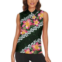 Green Polynesia Women Sleeveless Polo Shirt Plumeria With Hibiscus Pattern Tropical Vibes LT14 - Polynesian Pride