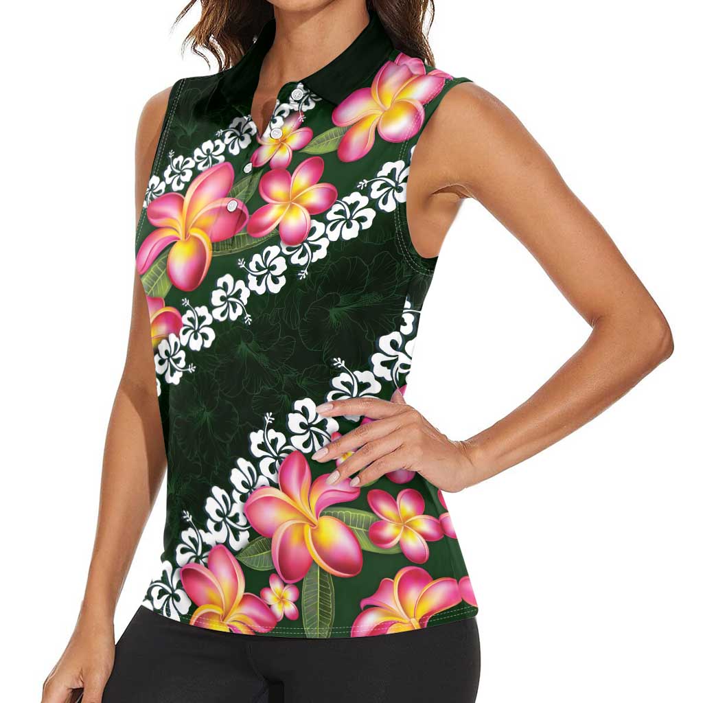 Green Polynesia Women Sleeveless Polo Shirt Plumeria With Hibiscus Pattern Tropical Vibes LT14 - Polynesian Pride