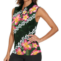 Green Polynesia Women Sleeveless Polo Shirt Plumeria With Hibiscus Pattern Tropical Vibes LT14 - Polynesian Pride