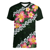 Green Polynesia Women V-Neck T-Shirt Plumeria With Hibiscus Pattern Tropical Vibes