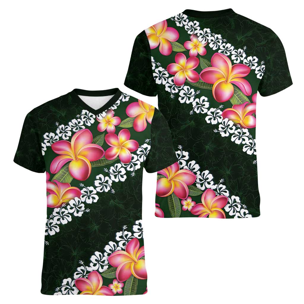 Green Polynesia Women V-Neck T-Shirt Plumeria With Hibiscus Pattern Tropical Vibes