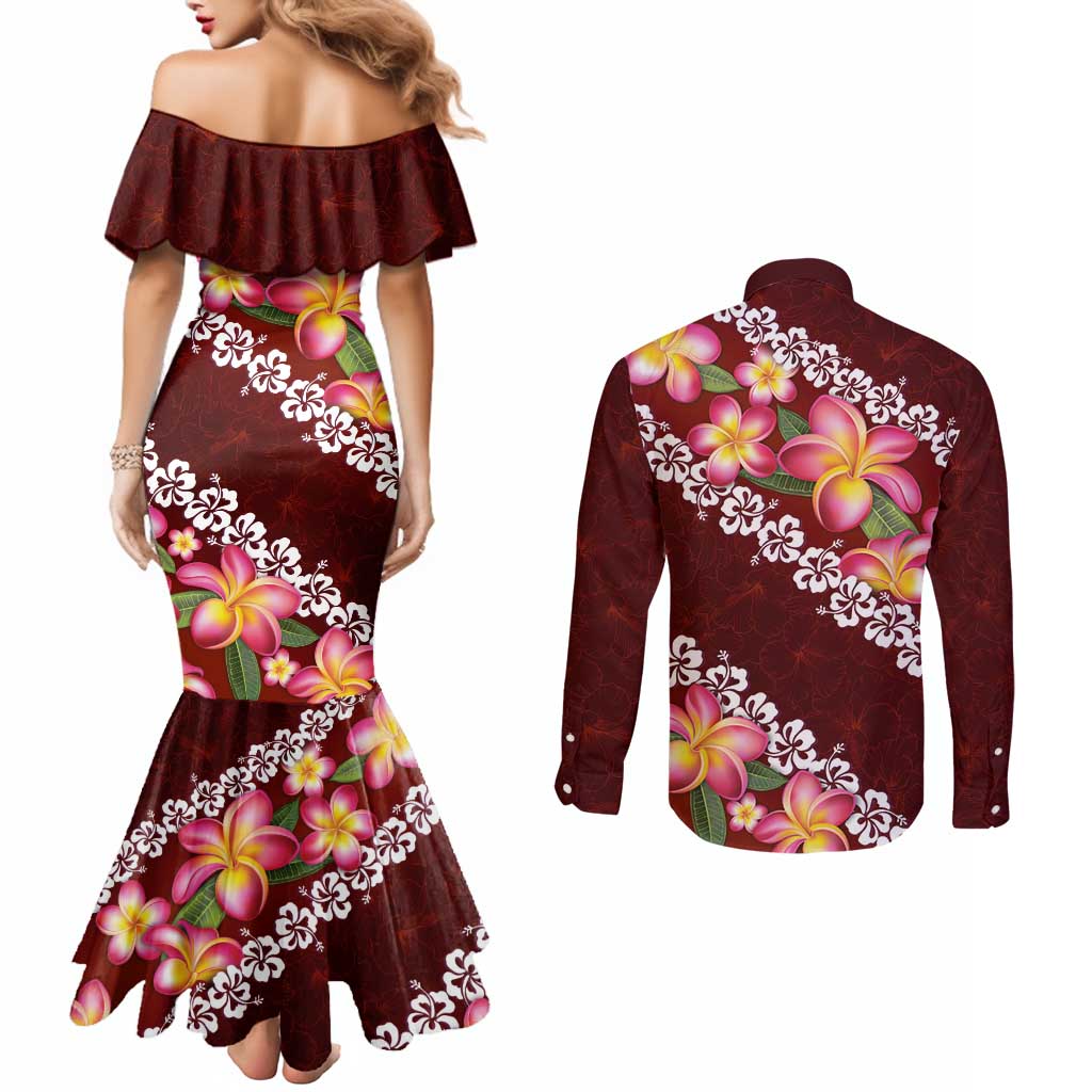 Oxblood Polynesia Couples Matching Mermaid Dress and Long Sleeve Button Shirt Plumeria With Hibiscus Pattern Tropical Vibes