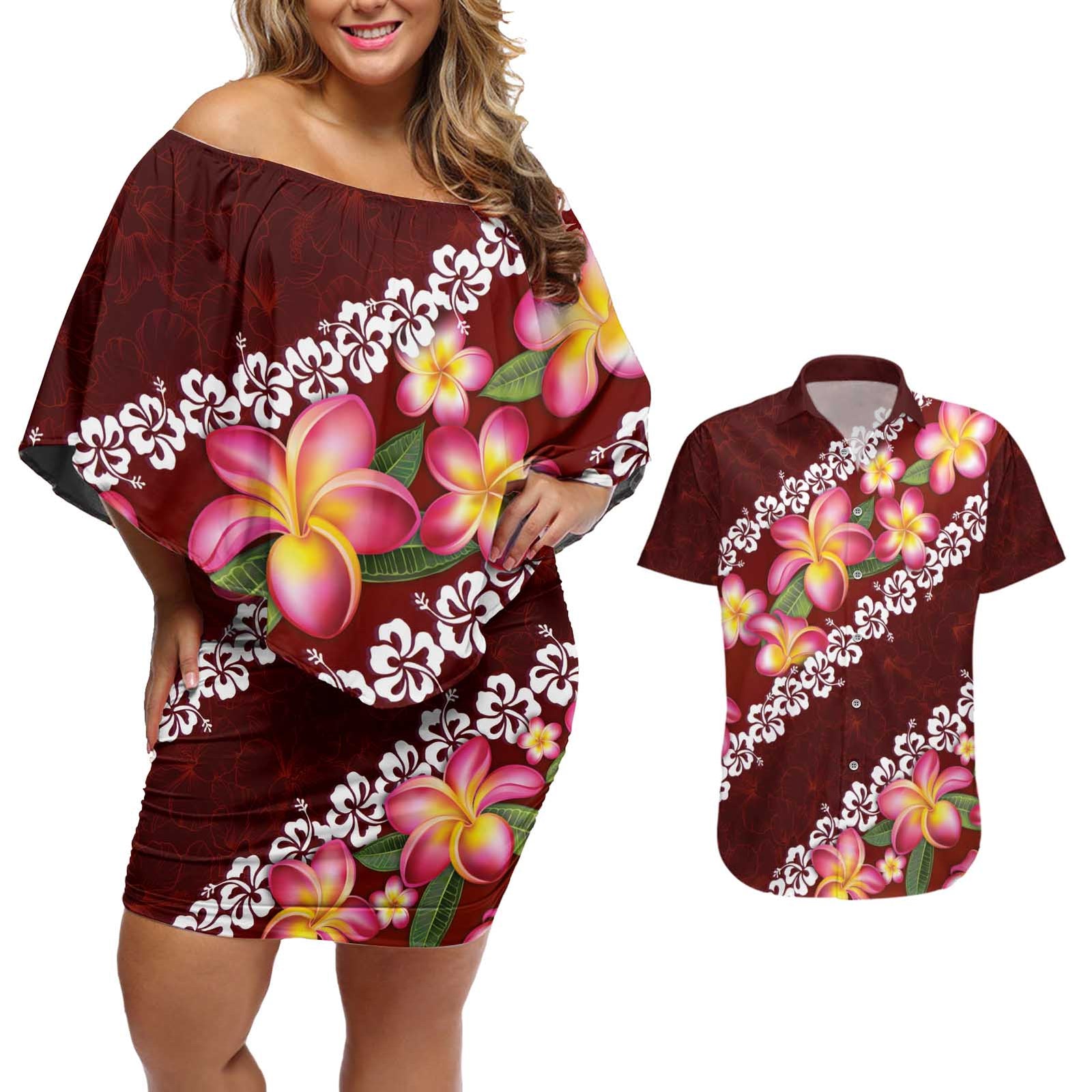 Oxblood Polynesia Couples Matching Off Shoulder Short Dress and Hawaiian Shirt Plumeria With Hibiscus Pattern Tropical Vibes LT14 Oxblood - Polynesian Pride