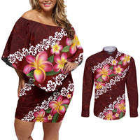Oxblood Polynesia Couples Matching Off Shoulder Short Dress and Long Sleeve Button Shirt Plumeria With Hibiscus Pattern Tropical Vibes