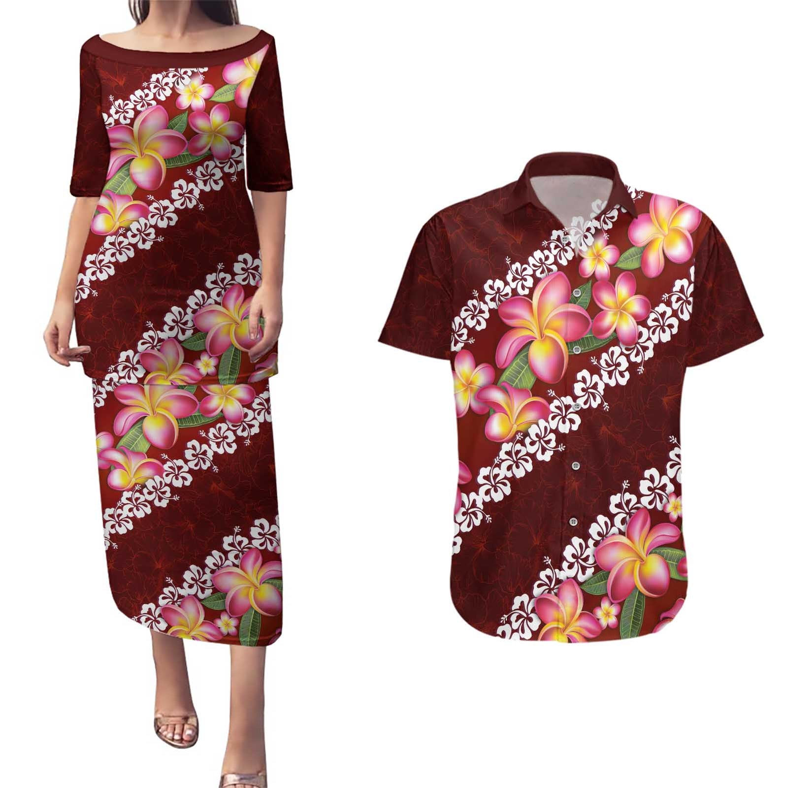 Oxblood Polynesia Couples Matching Puletasi and Hawaiian Shirt Plumeria With Hibiscus Pattern Tropical Vibes LT14 Oxblood - Polynesian Pride