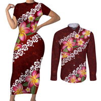 Oxblood Polynesia Couples Matching Short Sleeve Bodycon Dress and Long Sleeve Button Shirt Plumeria With Hibiscus Pattern Tropical Vibes